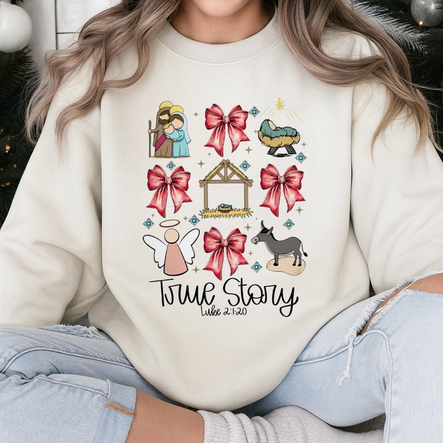 True Story Nativity Sweatshirt | Religious Christmas Bow Design | Premium Cotton Blend | Christian Faith Gift for Women & Men