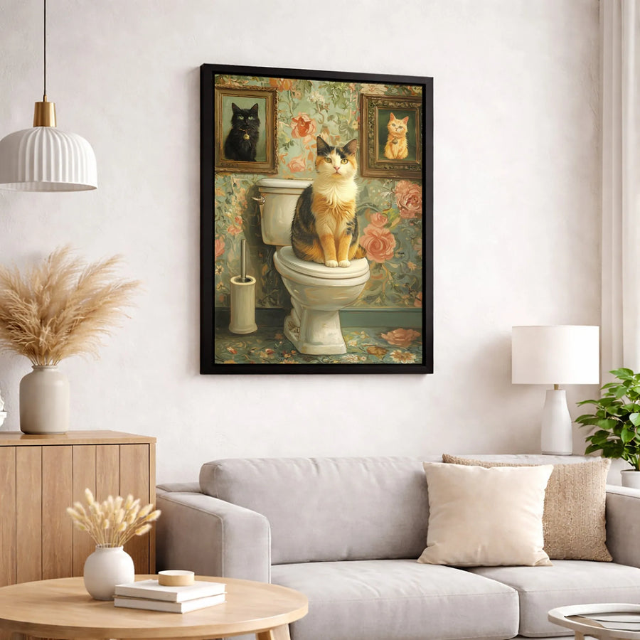 Calico Cat Bathroom Wall Art | Funny Toilet Cat Portrait Canvas | Premium Fade-Resistant Home Decor | Whimsical Pet Lover Gift