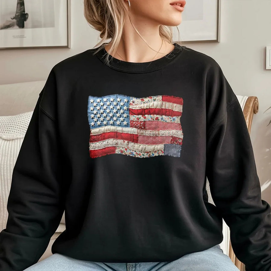 American Flag Sweatshirt | Retro Faux Patchwork USA Flag Design | Premium Comfort Colors | Patriotic Gift for Men & Women