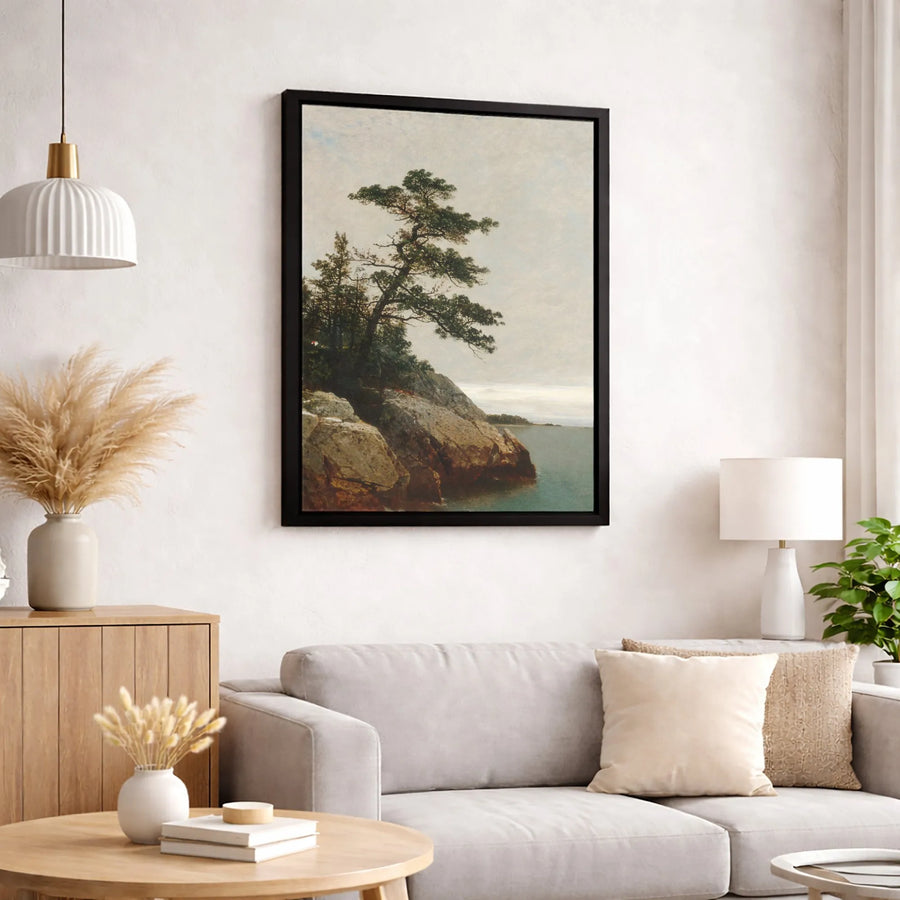 Coastal Pine Tree Landscape Canvas | Moody Rocky Shore Wall Art | Premium Gallery Wrapped Print | Nature Lover Home Decor Gift