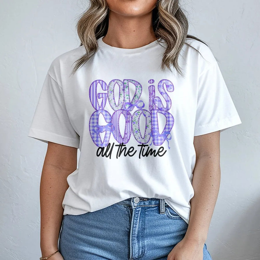 God Is Good T-Shirt | Purple Patchwork Floral Lettering | Premium Soft Cotton Tee | Inspirational Christian Gift for Women
