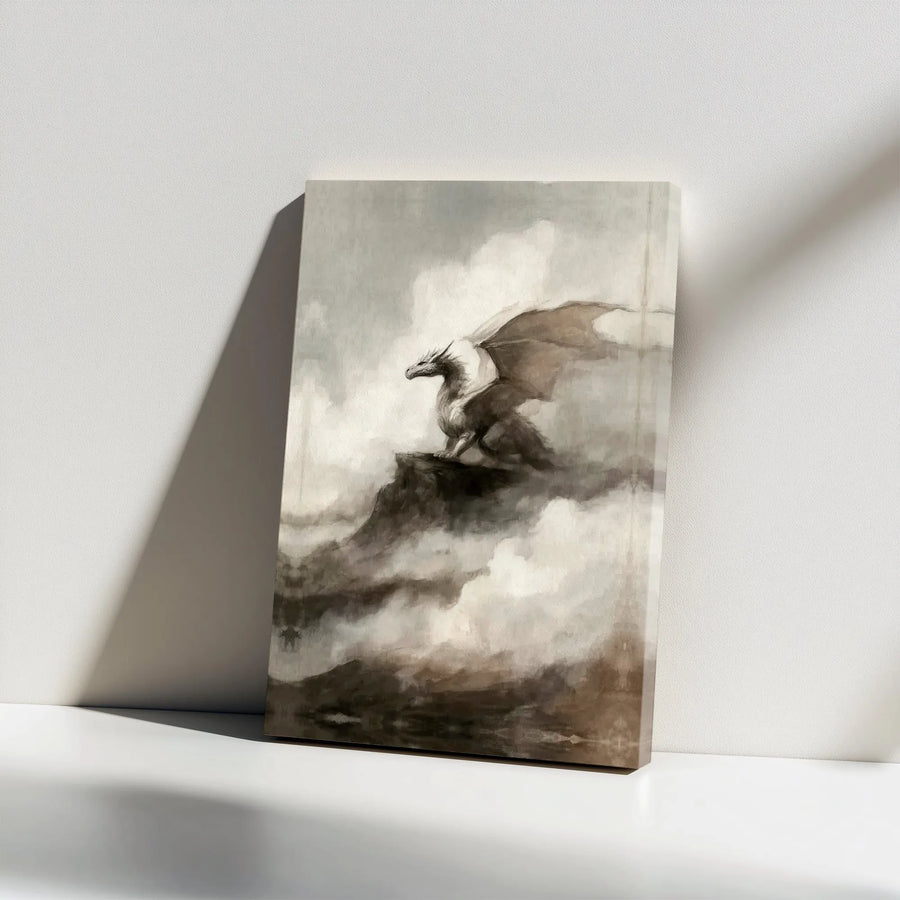 Fantasy Dragon Canvas Wall Art | Misty Mountain Cliff Watercolor Painting | Premium Gallery Wrapped Decor | Mythical Creature Gift For Fantasy Fans
