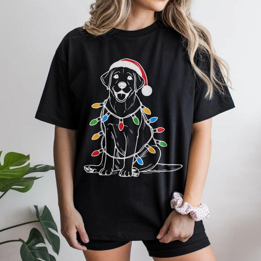 Labrador Christmas T-Shirt | Festive Dog With Holiday Lights Graphic | 100% Cotton Premium Tee | Cute Lab Lover Holiday Gift For Men And Women