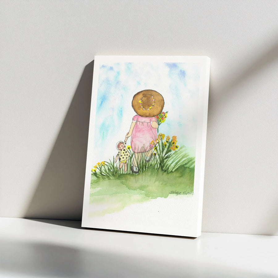 Little Girl with Doll Canvas Wall Art | Watercolor Painting of Girl in Summer Field | Premium Gallery Wrapped Canvas | Nursery Decor Gift for Daughter