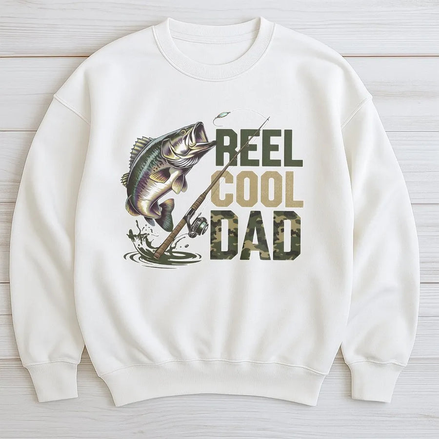 Reel Cool Dad Fishing Sweatshirt | Bass Fishing Graphic with Camo Text | Premium Cotton Blend | Father's Day Gift for Fisherman