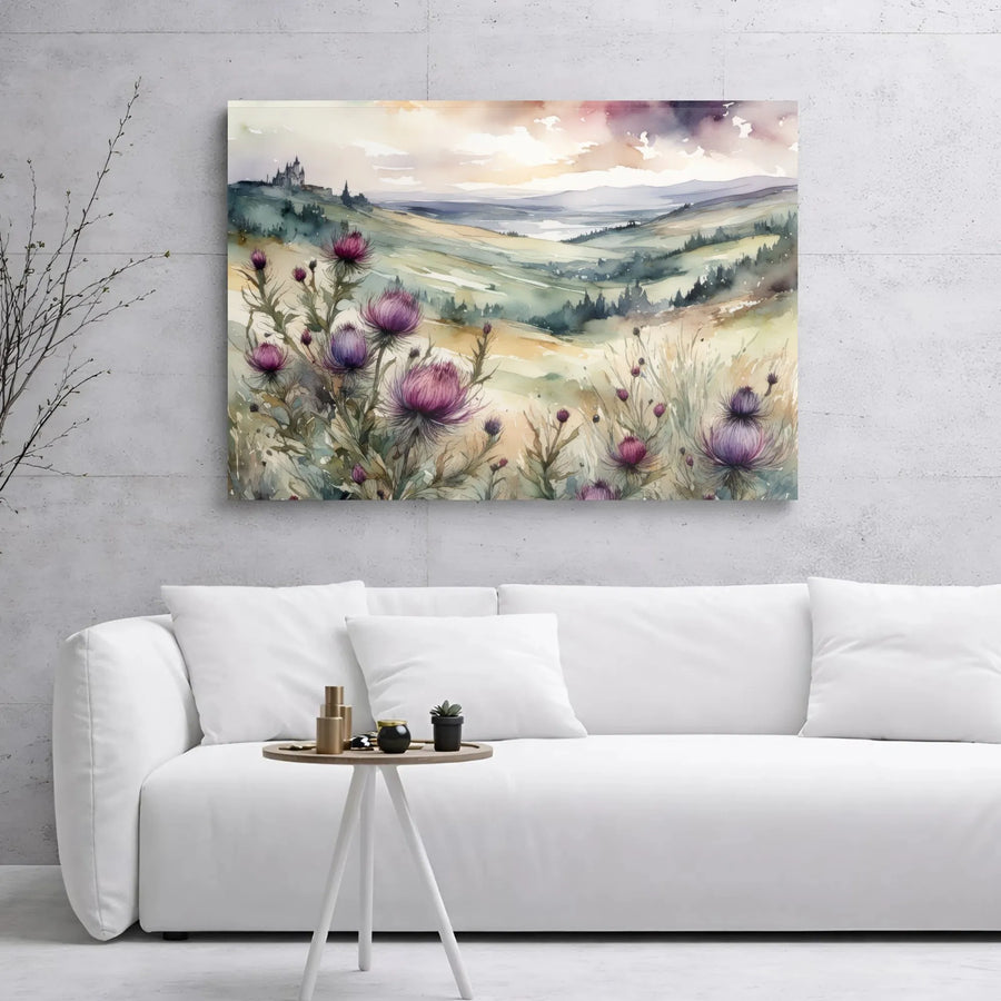 Scottish Highlands Landscape Canvas | Watercolor Thistle & Castle Art | Premium Gallery Wrapped Print | Nature Home Decor Gift