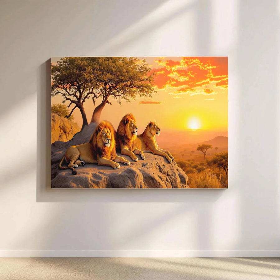 Lion Pride Canvas Wall Art | African Savanna Sunset Landscape | Premium Gallery Wrap Canvas | Living Room Decor Gift for Wildlife Lovers