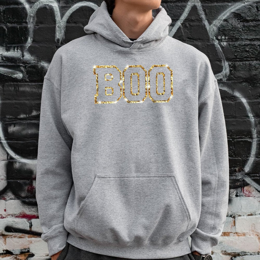 Boo Halloween Hoodie | Gold Glitter Text Graphic Sweatshirt | Premium Cotton Blend | Cute Spooky Fall Outfit for Women & Teens