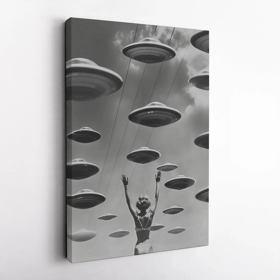 UFO Invasion Wall Art | Vintage Surreal Sci-Fi Canvas Print | Premium Gallery Wrapped Decor | Unique Gift for Alien Enthusiasts