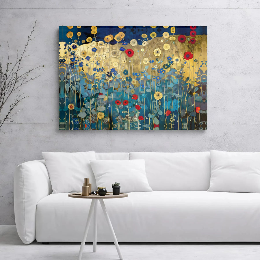 Abstract Wildflower Canvas Wall Art | Gold and Blue Floral Painting | Premium Gallery Wrapped Print | Modern Home Office Decor Gift