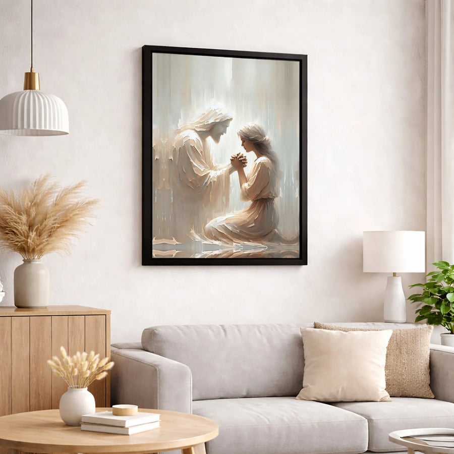Jesus Holding Hands With Praying Woman Canvas | Spiritual Christian Wall Art | Premium Gallery-Wrapped Print | Religious Home Decor Gift