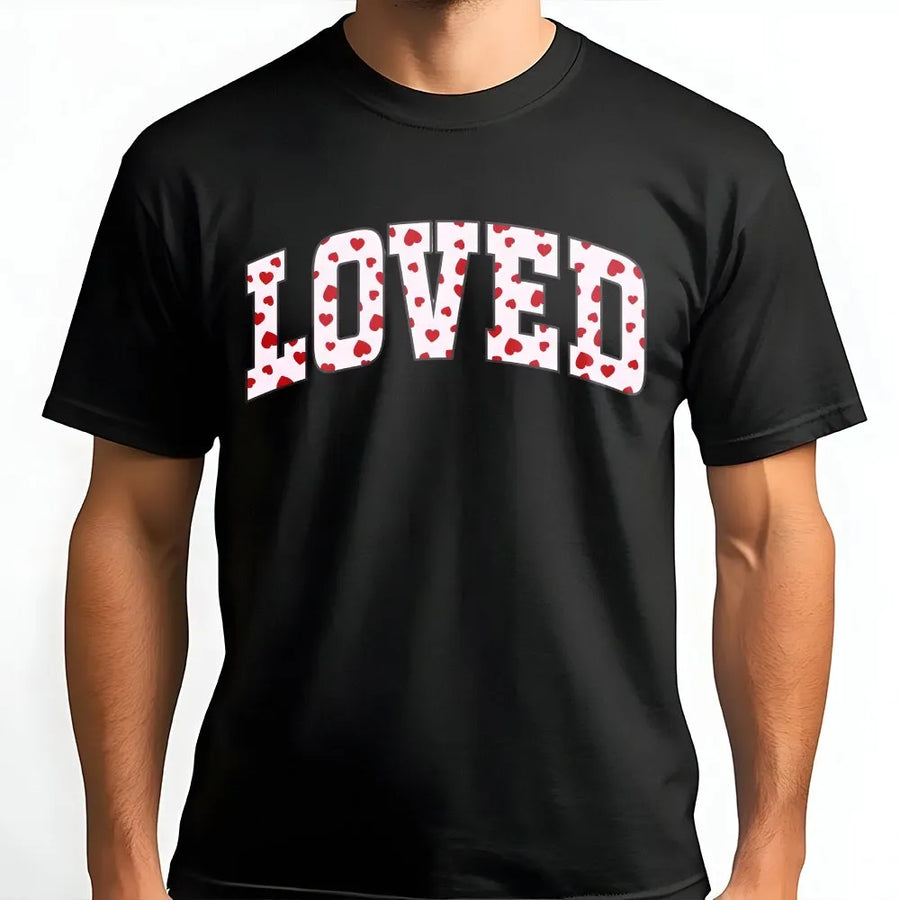 Loved Valentine T-Shirt | Heart Print Varsity Lettering | Soft Cotton Premium Quality | Romantic Gift For Women And Couples