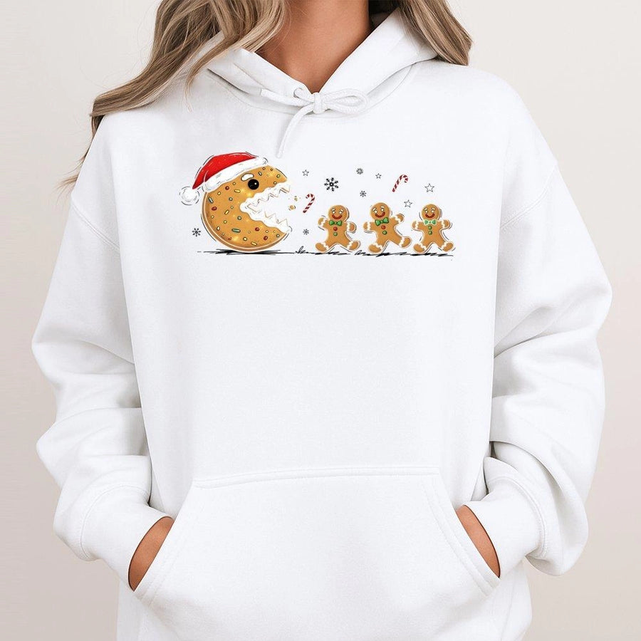 Christmas Gingerbread Man Hoodie | Retro Arcade Cookie Eater Graphic | Premium Cotton Blend | Funny Holiday Gift for Gamers and Christmas Lovers