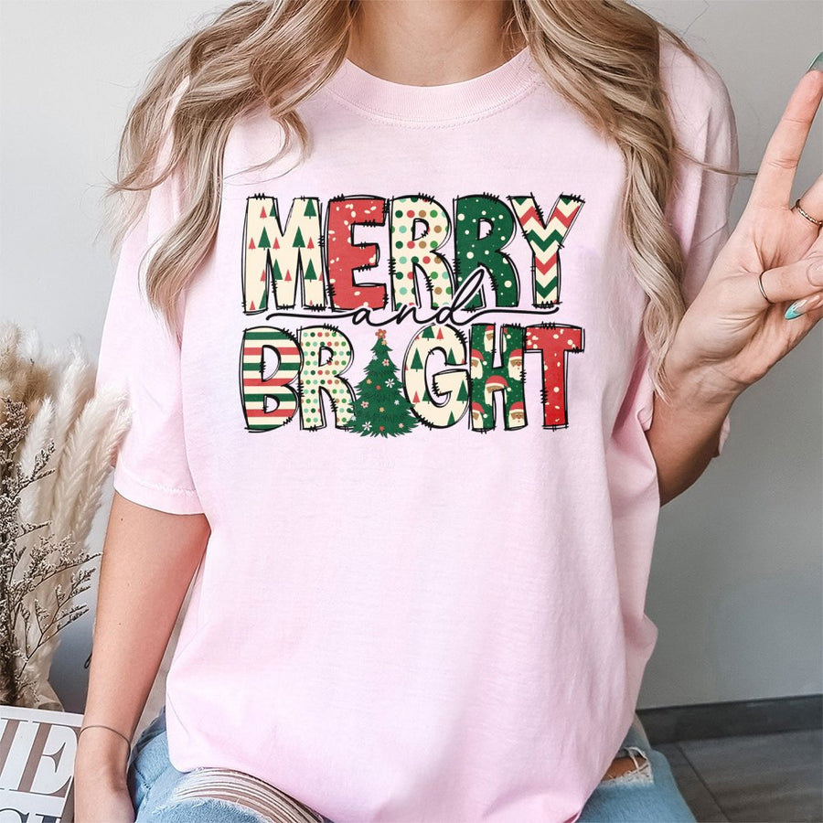 Merry and Bright T-Shirt | Festive Christmas Tree Typography Design | 100% Cotton Premium Tee | Holiday Gift for Family and Friends