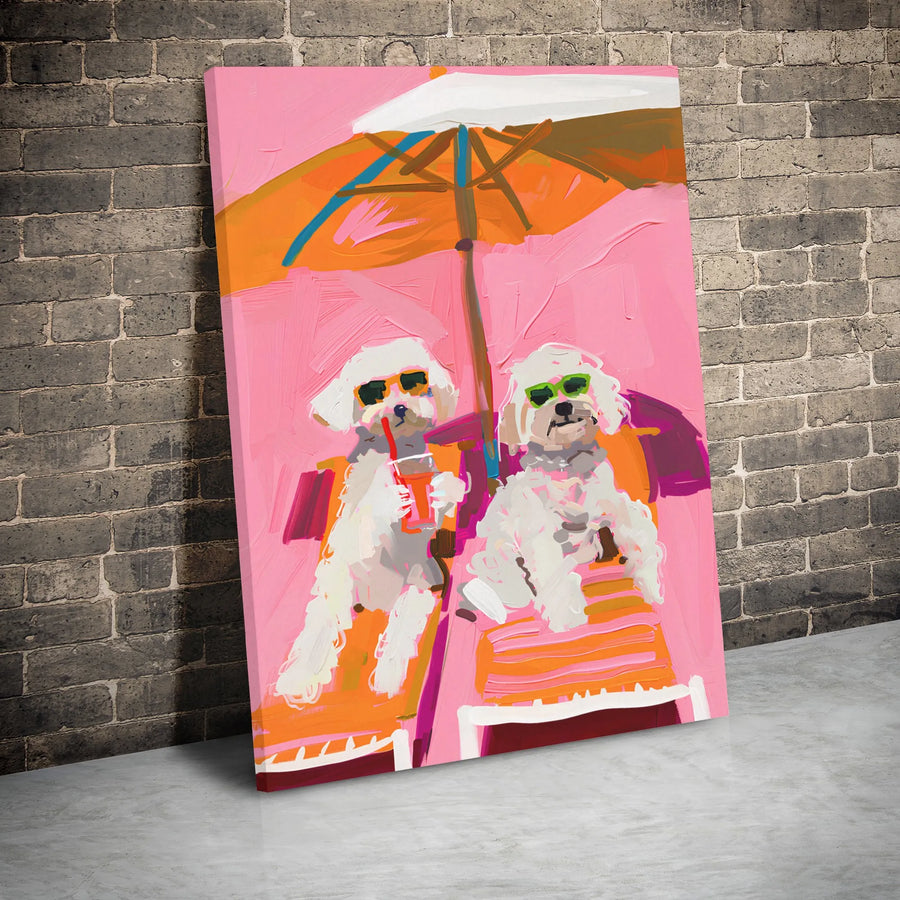 Dog Beach Wall Art | Two White Dogs With Sunglasses Tropical Canvas Print | Premium Gallery Wrapped Decor | Fun Gift for Dog Lovers