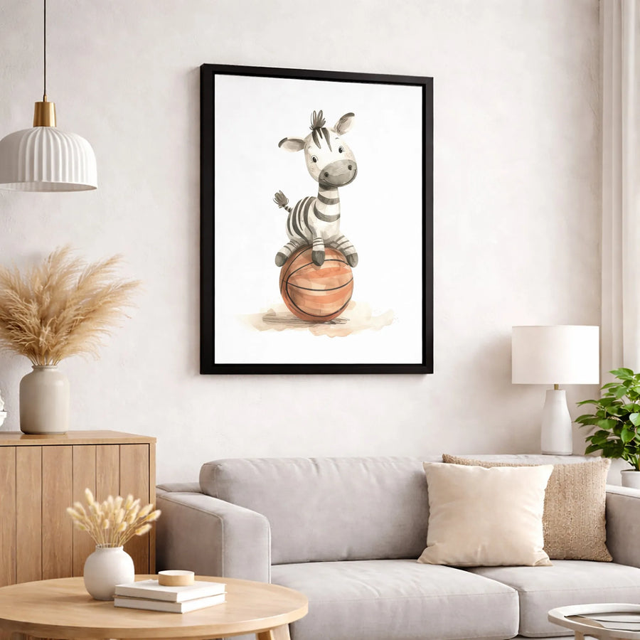 Baby Zebra Basketball Wall Art | Watercolor Safari Animal Nursery Decor | Gallery Wrap Canvas Print | Premium Sports Themed Baby Room Gift