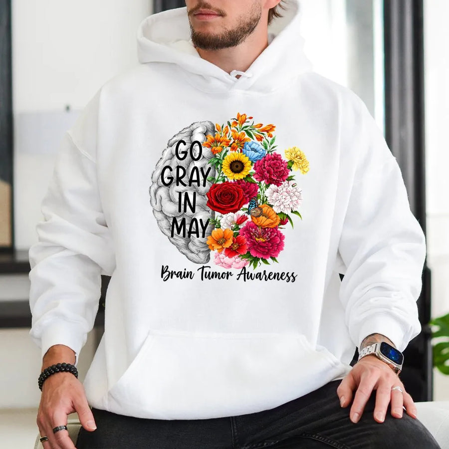 Go Gray In May Hoodie | Brain Tumor Awareness Floral Brain Design | Premium Soft Crewneck | Cancer Warrior & Survivor Support Gift