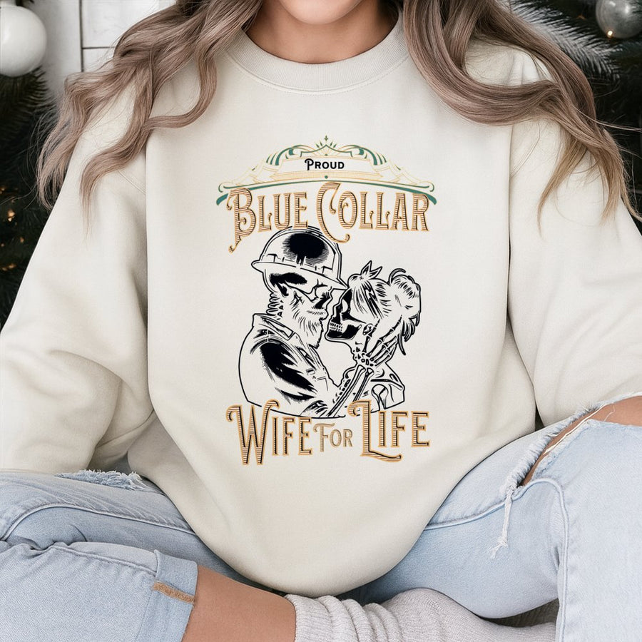 Blue Collar Wife Sweatshirt | Proud Construction Worker Spouse Graphic | Premium Cotton Blend Crewneck | Gift For Wife Anniversary Shirt