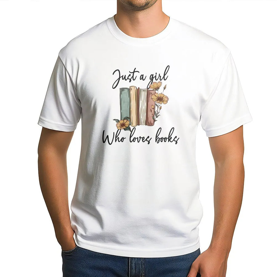 Just A Girl Who Loves Books T-Shirt | Floral Library Bookish Design | Premium Soft Cotton Tee | Cute Reading Gift For Women And Bibliophiles