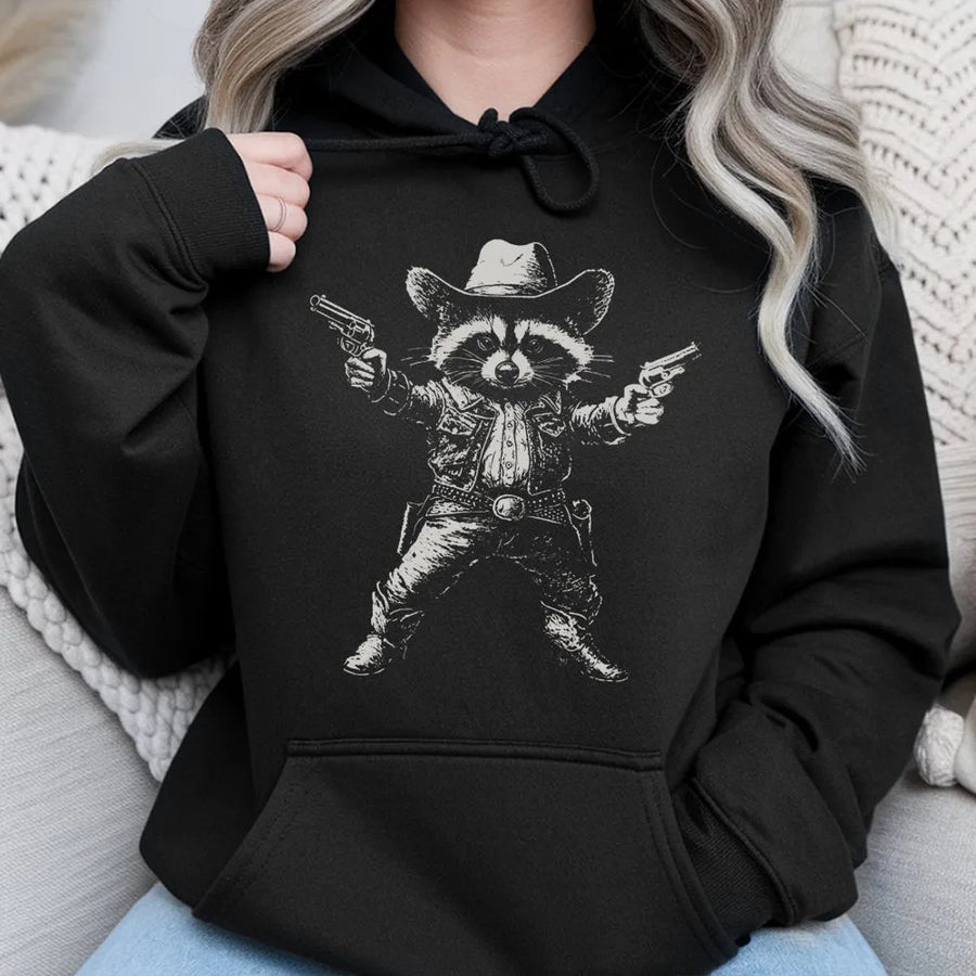 Cowboy Raccoon Hoodie | Western Graphic Trash Panda Design | Premium Cotton Blend Sweatshirt | Funny Wildlife Gift for Animal Lovers