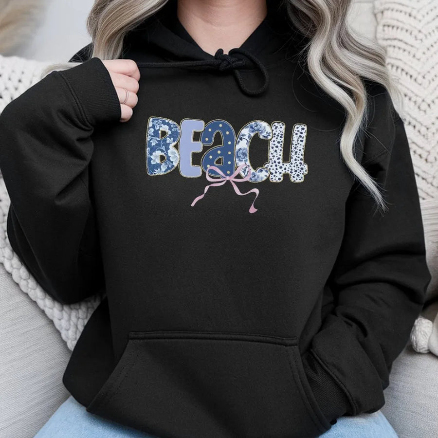 Beach Graphic Hoodie | Floral Boho Lettering & Bow Detail | Soft Cotton-Poly Blend | Cute Coastal Summer Vacation Gift for Her