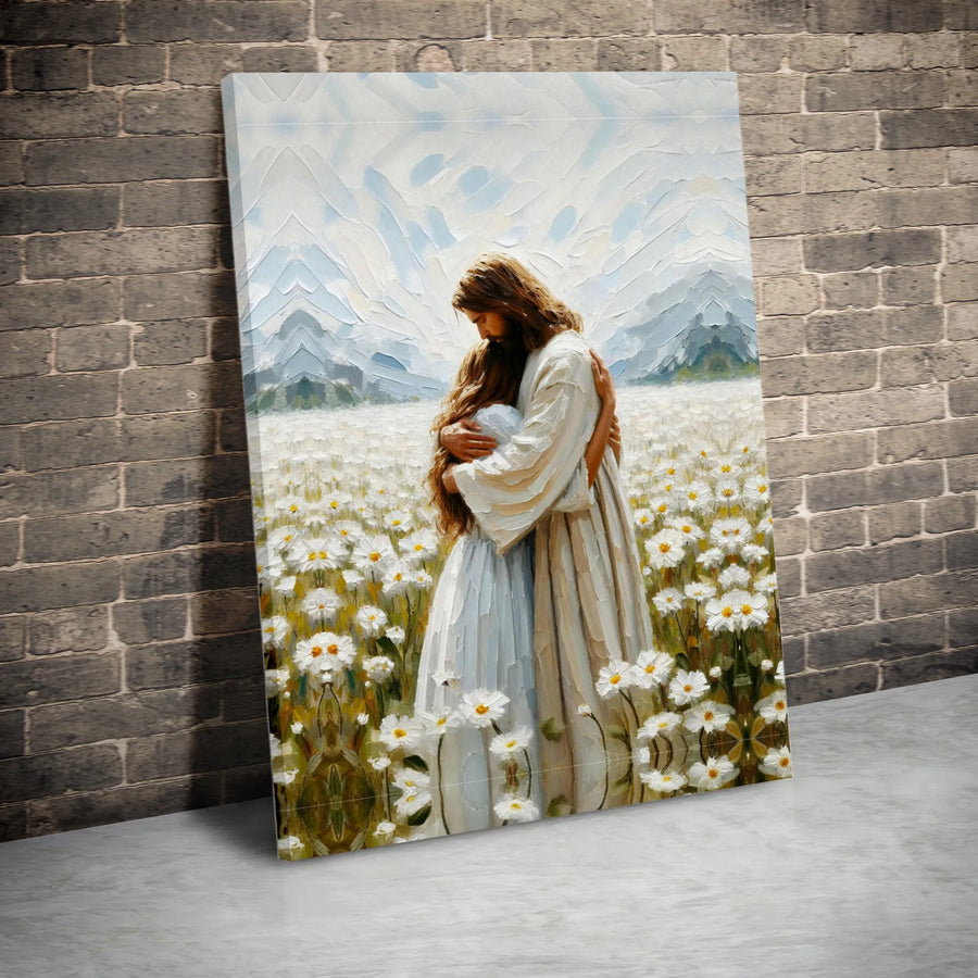 Jesus Embracing Woman Canvas Print | Christian Daisy Field Oil Painting Style | Premium 1.25" Gallery Wrapped Wall Art | Spiritual Home Decor Gift