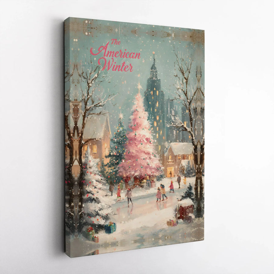 American Winter Canvas Wall Art | Vintage Christmas Ice Skating Scene | Premium 1.25" Gallery Wrap | Holiday Home Decor Gift