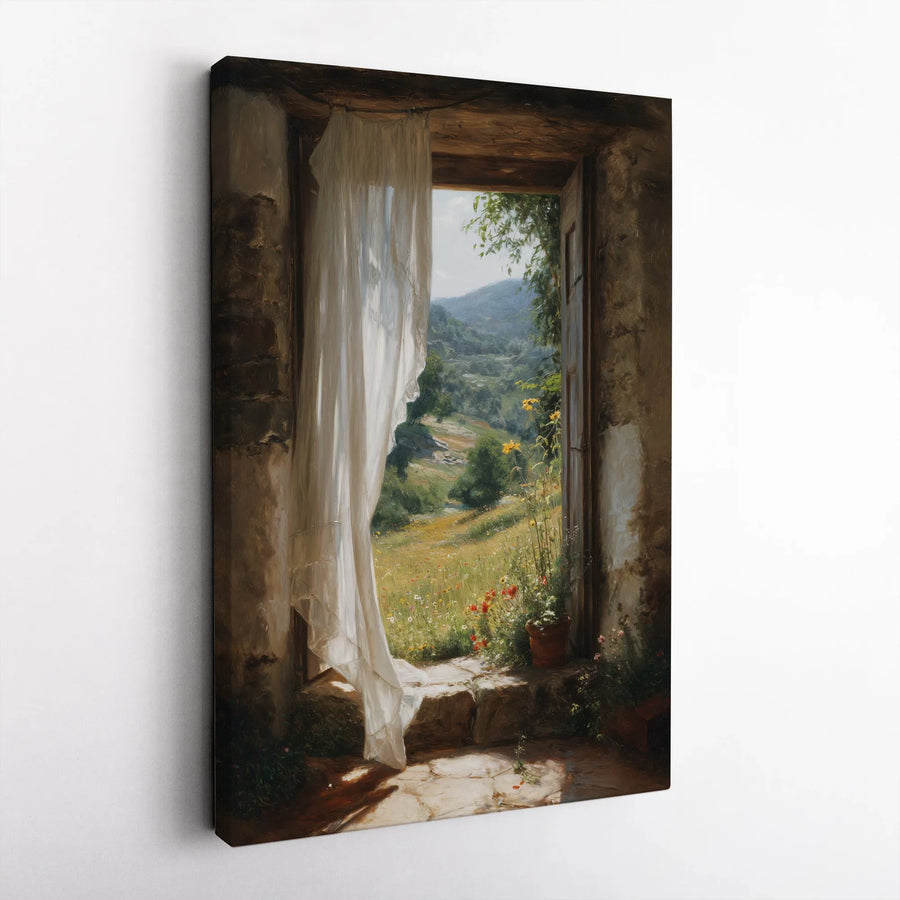 Countryside Window View Vertical Canvas | Rustic Farmhouse Landscape Painting | Premium Gallery-Style Print | Living Room Wall Decor Gift