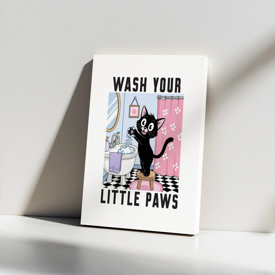 Wash Your Little Paws Cat Wall Art | Cute Black Cat Bathroom Decor | Gallery Wrapped Premium Canvas | Funny Kitten Gift for Cat Lovers