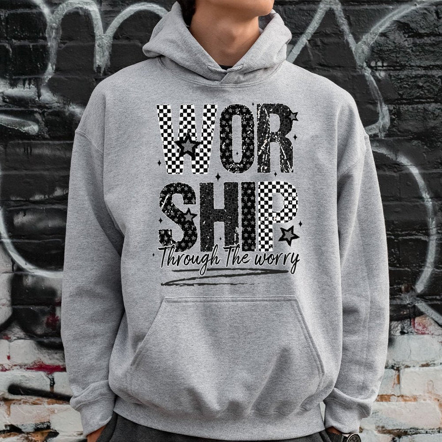Worship Through The Worry Hoodie | Checkered Star Faith Design | Premium Cotton-Polyester Blend | Christian Gift for Women and Men
