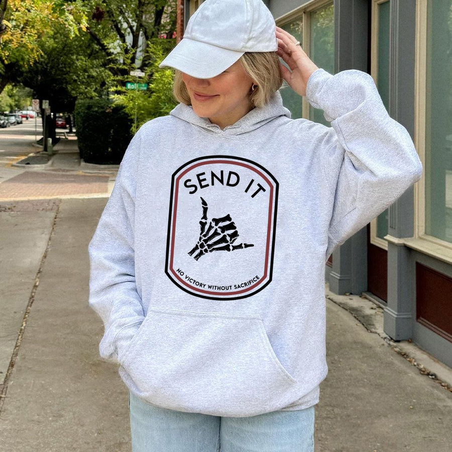 Send It Skeleton Hand Hoodie | No Victory Without Sacrifice Graphic | Premium Cotton Blend Unisex Sweatshirt | Tactical Streetwear Gift for Him or Her
