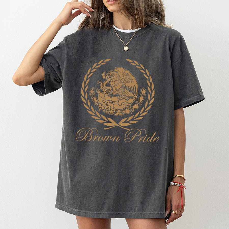 Brown Pride T-Shirt | Mexican Eagle Coat of Arms Graphic | 100% Cotton Premium Tee | Chicano Heritage Gift for Men and Women