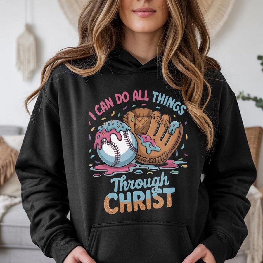 I Can Do All Things Through Christ Hoodie | Ice Cream Drip Baseball Graphic | Premium Cotton Blend | Faith-Based Inspirational Gift For Athletes
