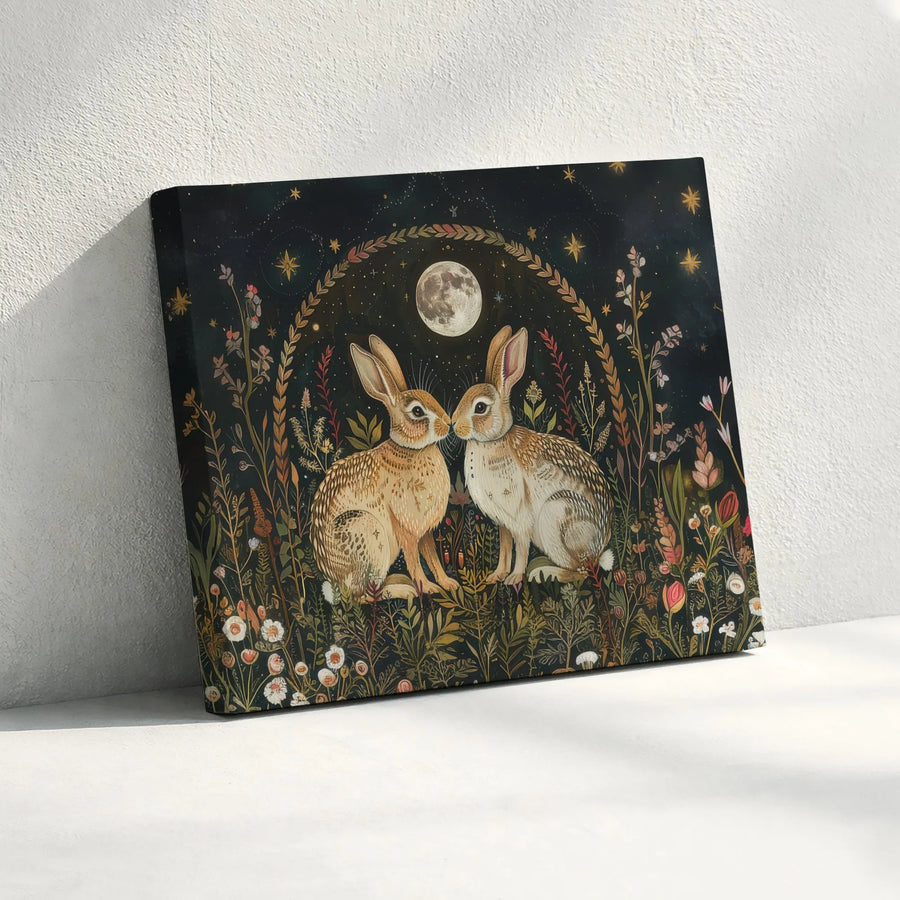 Rabbit Wall Art | Celestial Moon & Botanical Wildflowers Print | Premium Gallery-Wrapped Canvas | Cottagecore Aesthetic Gift for Nature Lovers