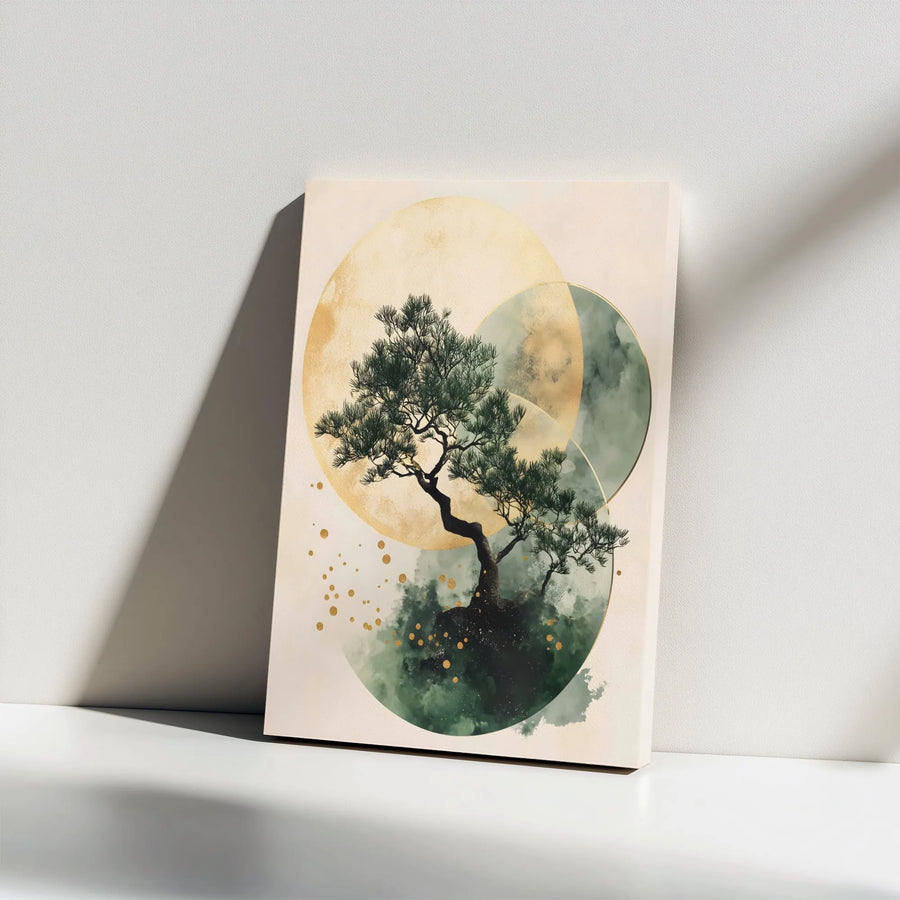 Bonsai Tree Canvas Wall Art | Japandi Abstract Gold and Green Circles | Premium Gallery-Wrapped Print | Minimalist Home Decor Gift
