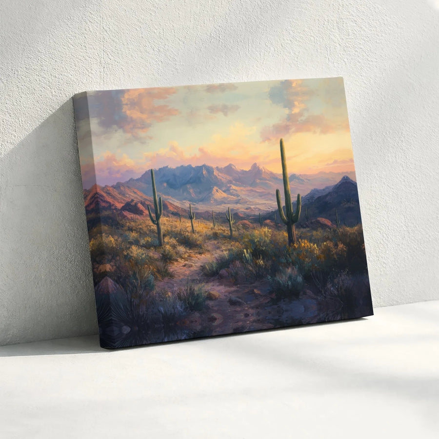 Desert Sunset Canvas Wall Art | Saguaro Cactus Landscape Painting | Premium Gallery Wrapped Print | Southwestern Home Decor Gift for Nature Lover