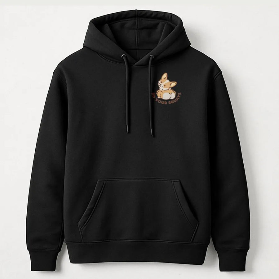 Corgi Gym Hoodie | Funny Do Your Squats Dog Graphic | Soft Cotton Blend | Gift for Weightlifter and Corgi Lover