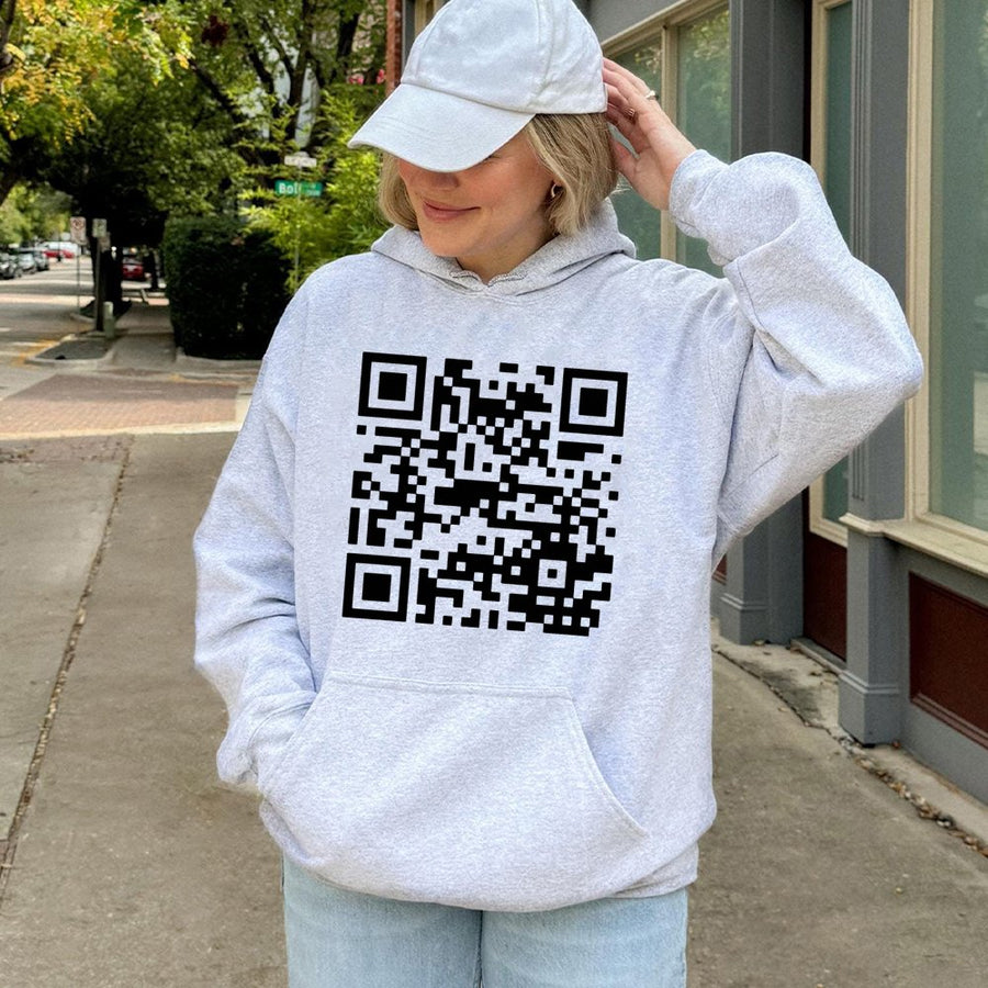 QR Code Graphic Hoodie | Funny Text Hidden Message Design | Premium Cotton Blend Streetwear | Unisex Sarcastic Gift for Tech Lovers