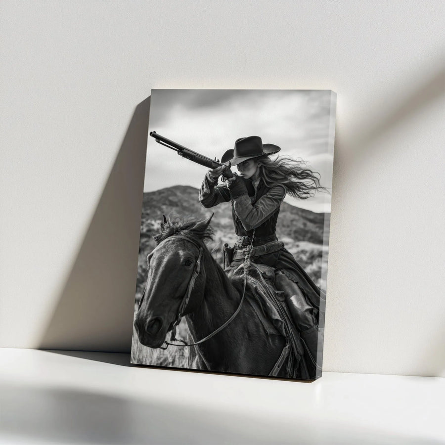 Western Cowgirl Vertical Canvas | Black and White Gunslinger Photography | Premium Gallery Style Canvas | Collector's Gift for Western Home Decor