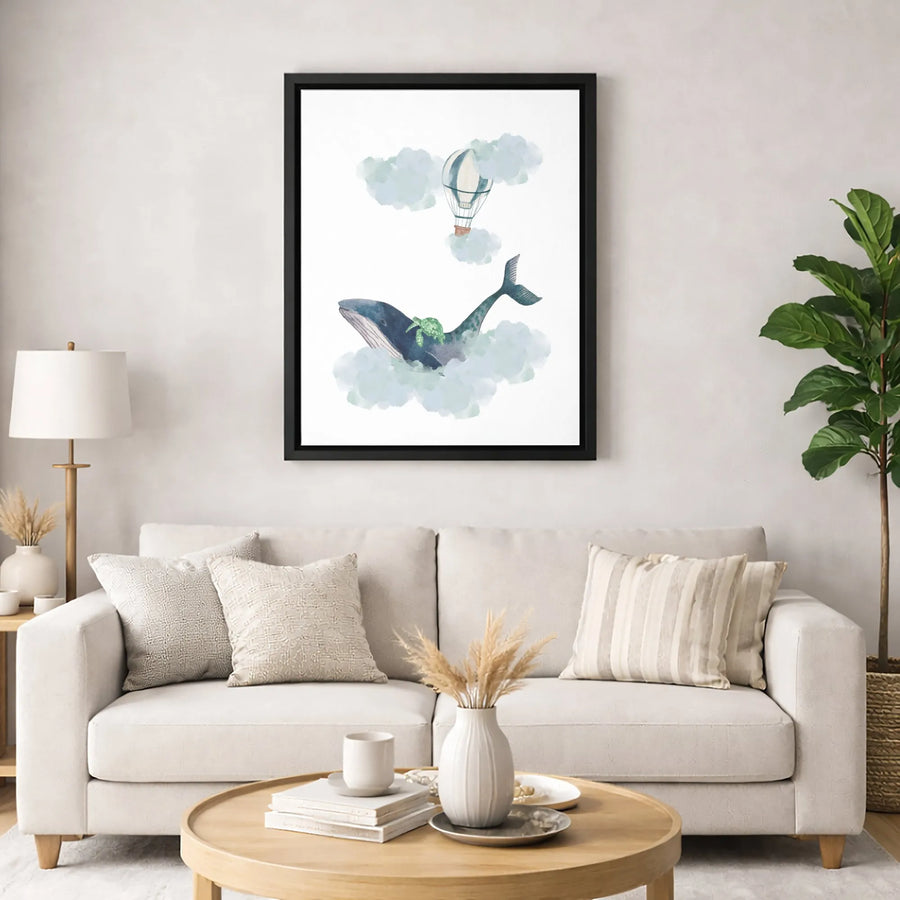 Whale and Sea Turtle Canvas Wall Art | Watercolor Hot Air Balloon Decor | Premium Fade-Resistant Print | Nursery and Kids Room Wall Decor