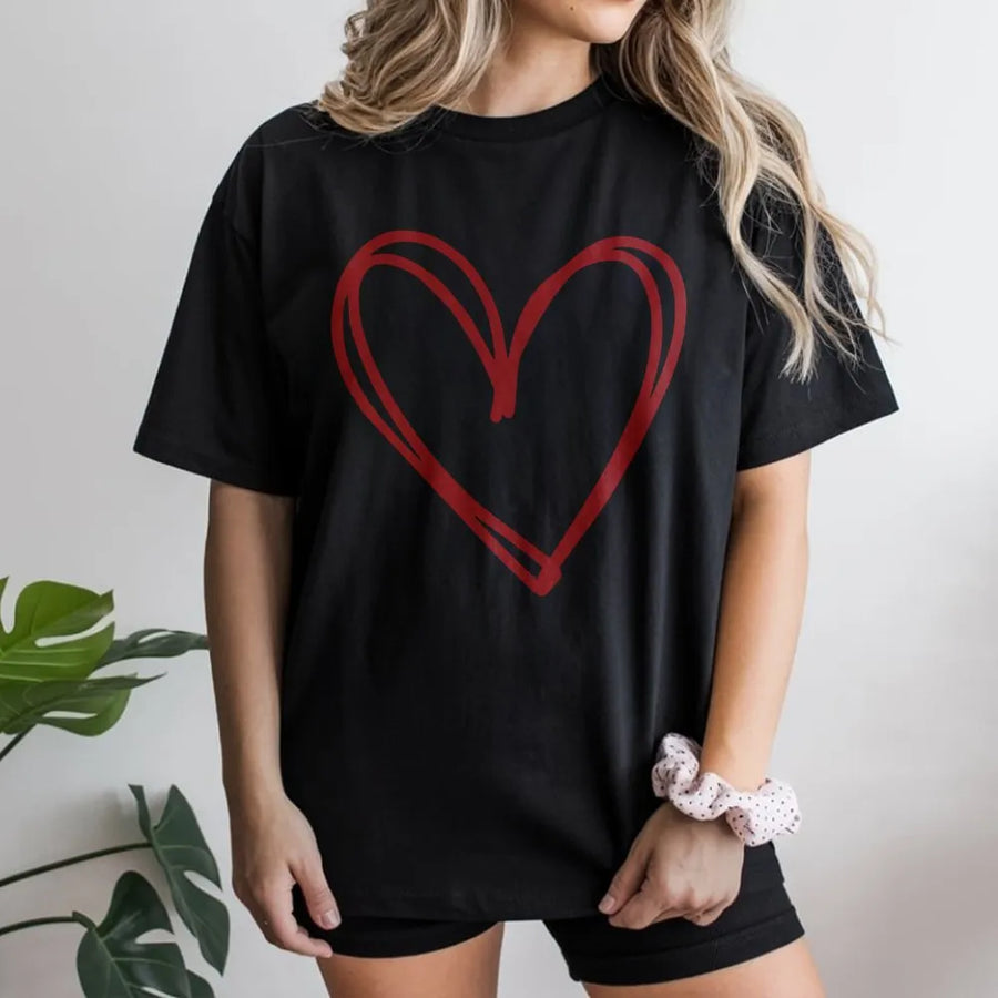 Cute Heart T-Shirt | Minimalist Double Heart Sketch Design | Soft Cotton Blend Pullover | Valentine's Day Gift for Her, Women's Crewneck