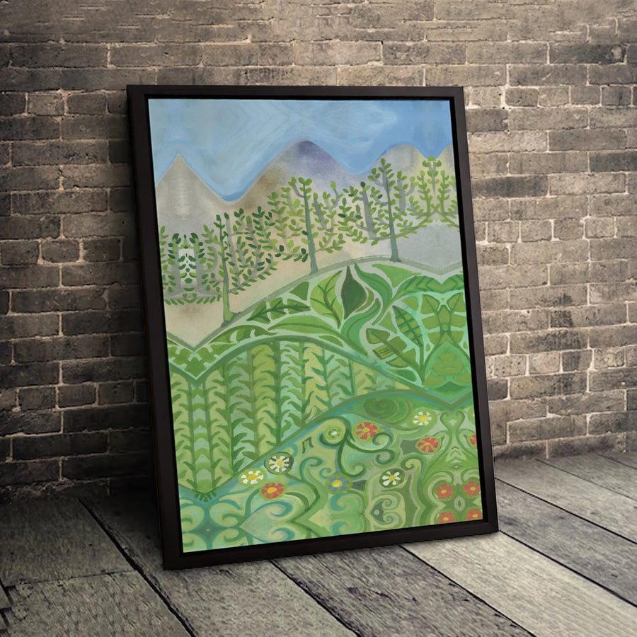 Folk Art Landscape Canvas Print | Stylized Mountain & Floral Garden Art | Gallery-Quality 1.25 Inch Thick Profile | Nature Inspired Home Decor
