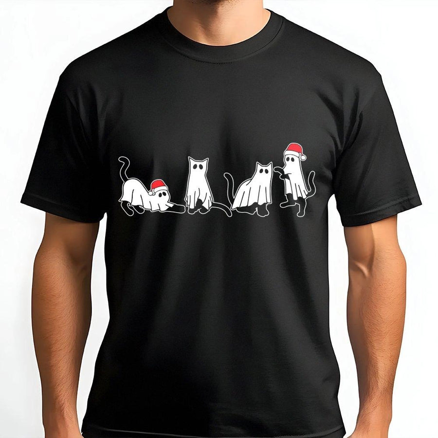 Christmas Cat Ghost T-Shirt | Spooky Cute Holiday Kittens in Santa Hats | Premium 100% Cotton Tee | Funny Creepmas Gift for Cat Lovers