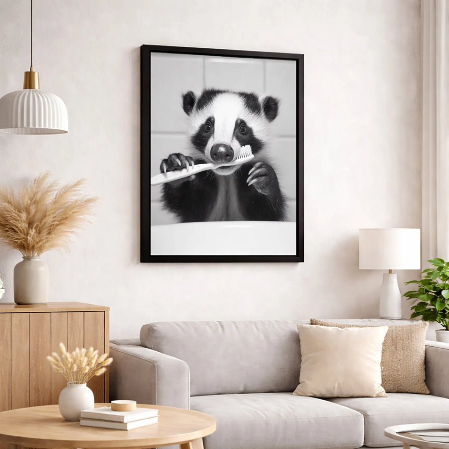 Badger Brushing Teeth Canvas Art | Funny Animal Bathroom Decor | Gallery-Wrapped Premium Print | Whimsical Wall Art Gift for Animal Lovers