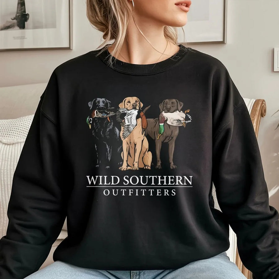 Hunting Dog Sweatshirt | Labrador Retriever Trio Duck Hunting Graphic | Premium Cotton-Blend | Gift for Outdoorsman and Dog Lover
