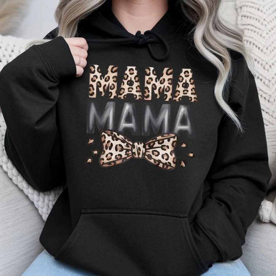 Leopard Mama Hoodie | Animal Print Graphic with Bow Design | Premium Soft Cotton Tee | Cute Mother's Day Gift for Mom