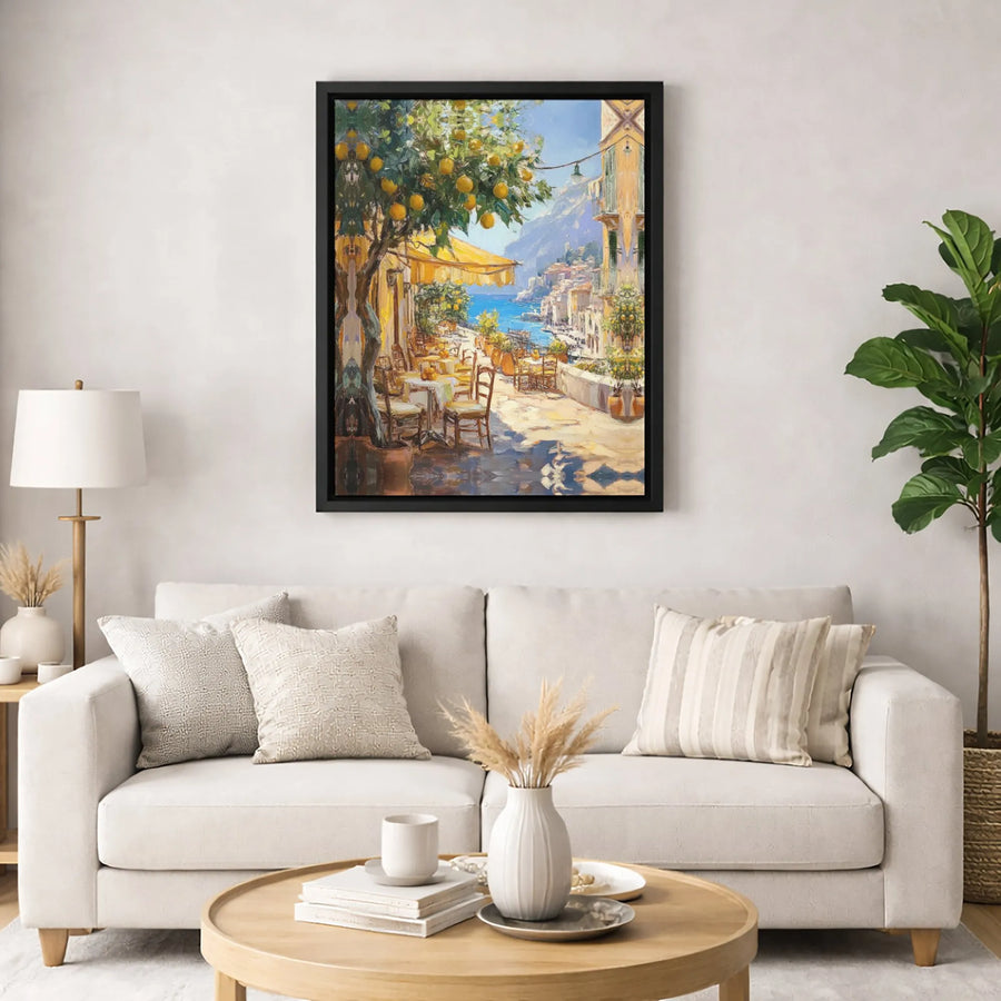 Italian Coastal Cafe Canvas Art | Amalfi Coast Lemon Tree Oil Painting Style | Premium 1.25-Inch Gallery Wrap | Mediterranean Home Decor Gift
