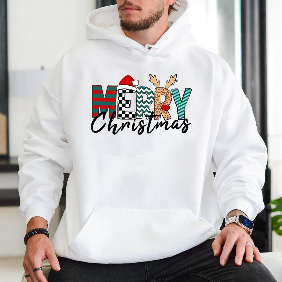 Merry Christmas Hoodie | Leopard Plaid Santa Hat Reindeer Graphic | Premium Cotton Blend | Festive Holiday Gift For Her