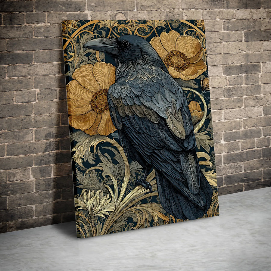 Art Nouveau Raven Wall Art | Dark Academia Floral Botanical Print | Premium Gallery-Wrapped Canvas | Gothic Home Decor Gift