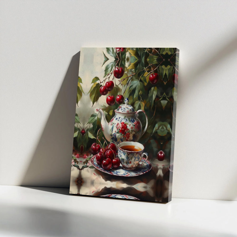 Vintage Cherry Tea Still Life Canvas Wall Art | Chinoiserie Teapot & Fresh Cherries Print | Premium Gallery Wrapped Canvas | Kitchen & Dining Room Decor Gift